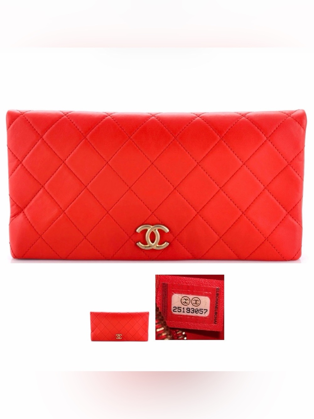 CHANEL Quilted Lambskin Foldover Clutch in Bright Red/Orange
